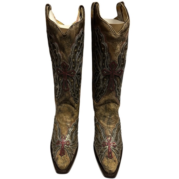 Corral Women's Weathered LD Bronze/Gold Red Wing & Cross Studs 9M - Picture 2 of 12